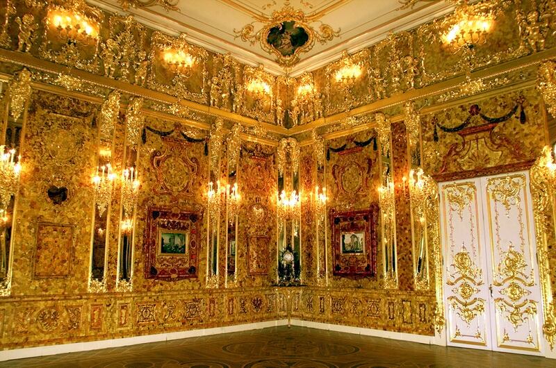 The amber room, back in place in the Catherine Palace outside St Petersburg after 20 years of reconstruction by Russian craftsmen, is seen on May 13, 2003. The original was stolen by retreating Nazi troops at the end of the Second World War. Reuters
