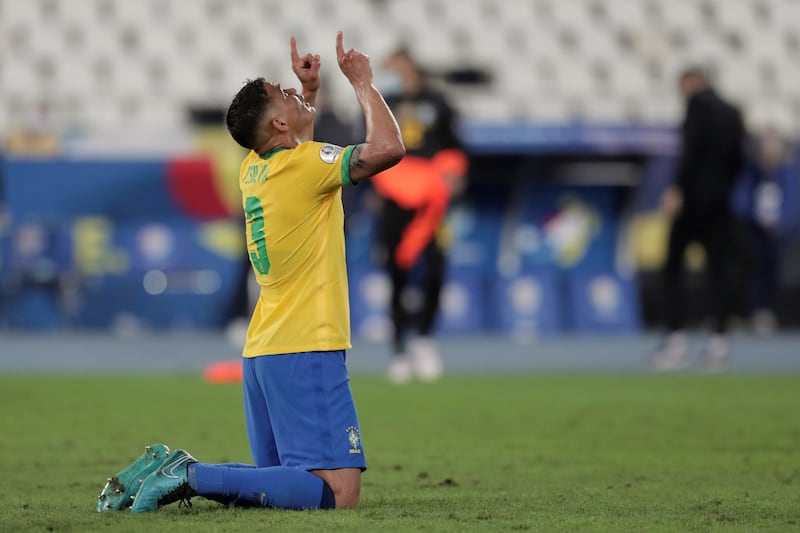 Thiago Silva of Brazil celebrates at the end of the Copa America 2021 quarter-finals against Chile.