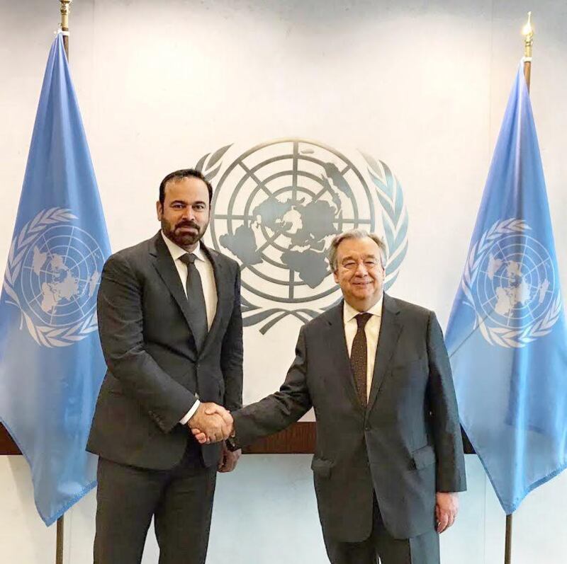 Mohammed Al Gergawi, UAE minister of cabinet affairs and the future, pictured with UN chief Antonio Guterres, after he was selected to be part of a 20-person expert panel on digital cooperation.