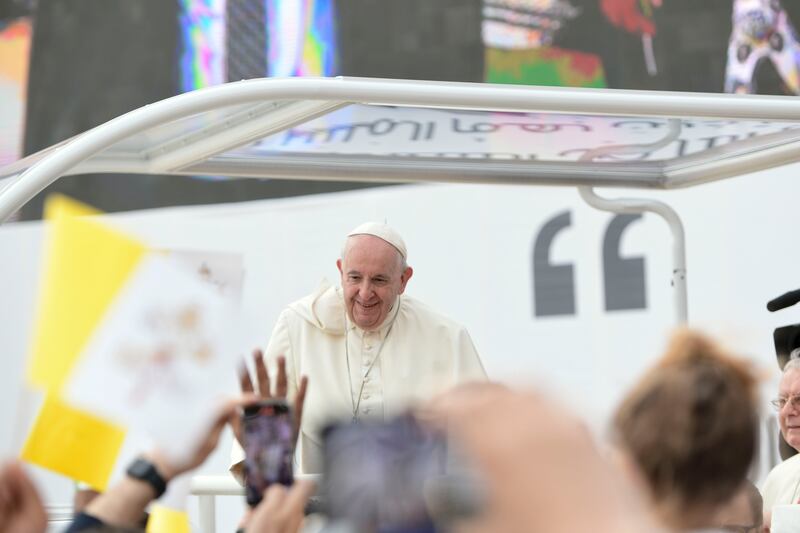 Pope Francis arrives for the early morning Papal mass at Bahrain National Stadium, Bahrain. Khushnum Bhandari / The National