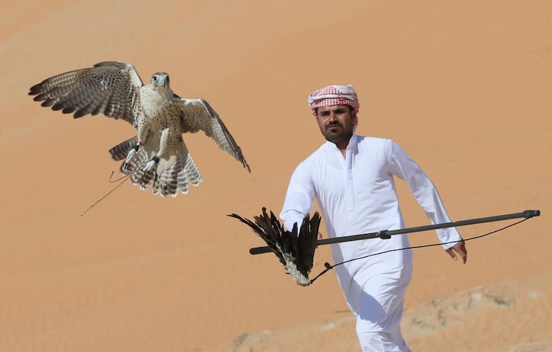 An Emirati falconer trains his bird during the Liwa Moreeb Dune Festival in the Liwa desert. The festival, which attracts participants from around the Gulf, includes a variety of races and cultural activities aimed at promoting the UAE’s folklore.