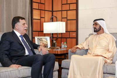 Dubai's Ruler Sheikh Mohammed bin Rashid al-Maktoum, Prime Minister and Vice-President of the United Arab Emirates meets with Fayez al-Sarraj, head of the Presidency Council of the Tripoli-based Government of National Accord of Libya, in Dubai, United Arab Emirates, February 26, 2019. Picture taken February 26, 2019. Government Dubai Media Office/Handout via REUTERS ATTENTION EDITORS - THIS PICTURE WAS PROVIDED BY A THIRD PARTY. NO RESALES. NO ARCHIVES