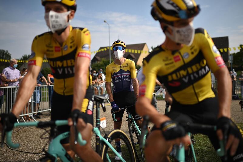 Team Jumbo rider Slovenia's Primoz Roglic waits prior to the 21st and last stage of the 107th edition of the Tour de France cycling race, 122 km between Mantes-la-Jolie and Champs Elysees Paris. AFP