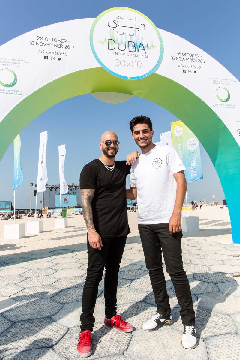 Mohammed Assaf and Massari show their support for Dubai Fitness Challenge at Kite Beach. Courtesy Dubai Fitness Challenge