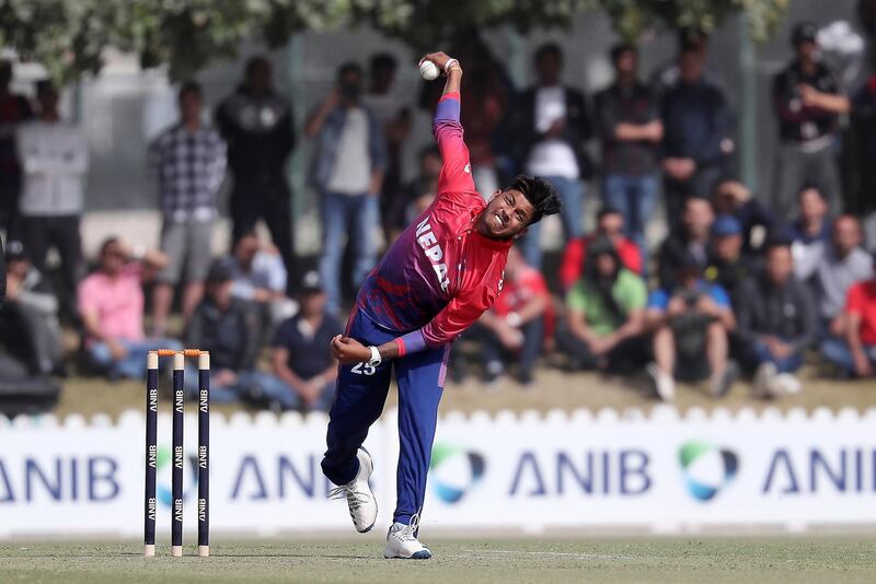 DUBAI , UNITED ARAB EMIRATES , January 28 – 2019 :- Sandeep Lamichhane of Nepal bowling during the one day international cricket match between UAE vs Nepal held at ICC cricket academy in Dubai. ( Pawan Singh / The National ) For Sports. Story by Paul