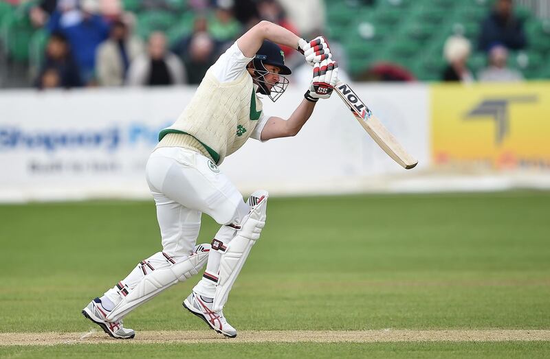 MALAHIDE, IRELAND - MAY 13: William Porterfield of Ireland plays a delivery during the third day of the test cricket match between Ireland and Pakistan on May 13, 2018 in Malahide, Ireland. The home side were forced to follow on after being bowled out for 130 runs earlier in the day. (Photo by Charles McQuillan/Getty Images)