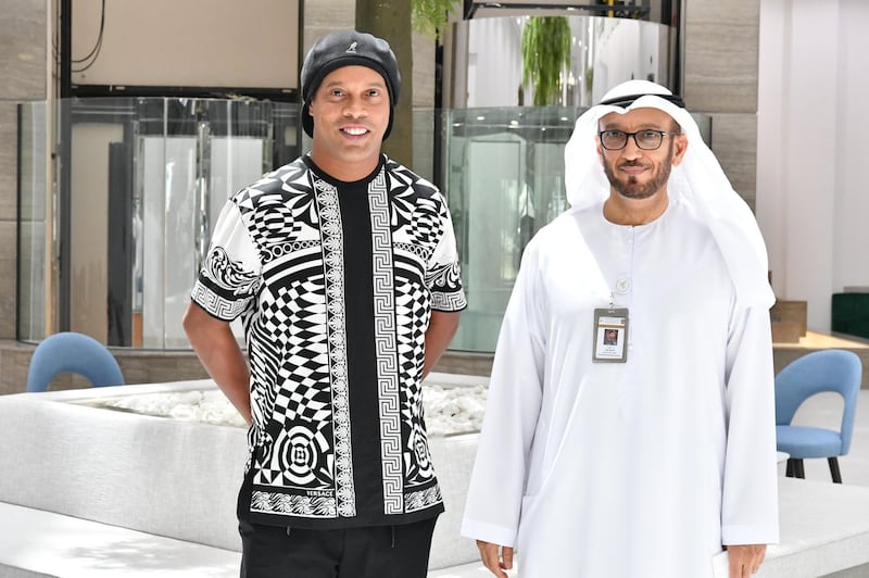 Ronaldinho with Maj Gen Mohammed Al Marri, director general of the General Directorate of Residency and Foreigners Affairs - Dubai. The football star has been awarded a gold card visa. Courtesy: General Directorate of Residency and Foreigners Affairs