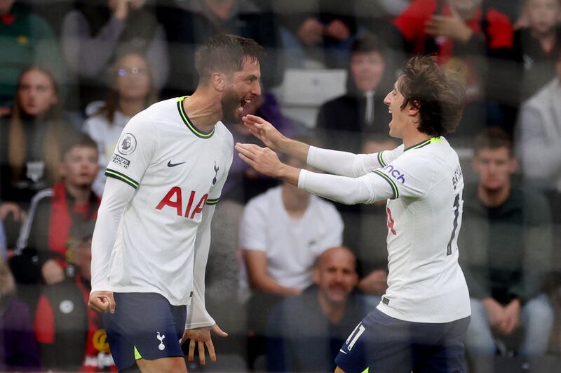 Tottenham's Rodrigo Bentancur celebrates scoring the third goal in the 3-2 Premier League win against Bournemouth on October 29, 2022. Action Images