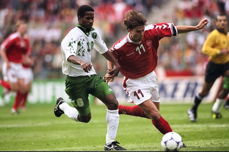 12 Jun 1998:  Brian Laudrup of Denmark (right) takes on Khamis Al-Owairan of Saudi Arabia in the World Cup group C game at the Felix Bollaert Stadium in Lens, France. Denmark won 1-0. \ Mandatory Credit: Shaun Botterill /Allsport