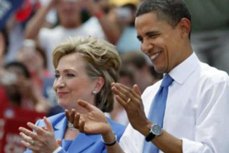 Tough talk on Iran has also been a hallmark of the US presidential campaign. Democratic presidential candidate Barack Obama and Hillary Clinton applaud together at a campaign event in Unity on June 27, 2008.