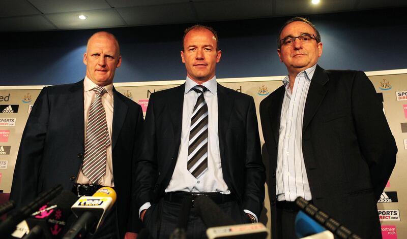 Alan Shearer, centre, at his first press conference after being appointed Newcastle United's caretaker manager on April 1, 2009. PA