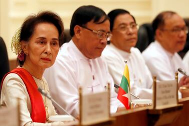 Aung San Suu Kyi attends a bilateral meeting with Chinese President Xi Jinping in Naypyitaw last year. EPA