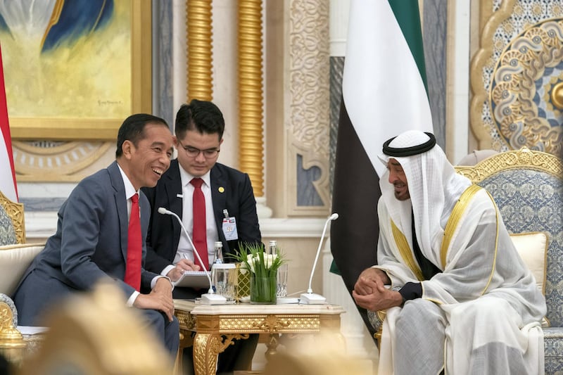 ABU DHABI, UNITED ARAB EMIRATES - January 12, 2020: HH Sheikh Mohamed bin Zayed Al Nahyan, Crown Prince of Abu Dhabi and Deputy Supreme Commander of the UAE Armed Forces (R) and HE Joko Widodo, President of Indonesia (L), witness an MOU exchange ceremony, during a reception, at Qasr Al Watan.

( Eissa Al Hammadi for Ministry of Presidential Affairs )
---