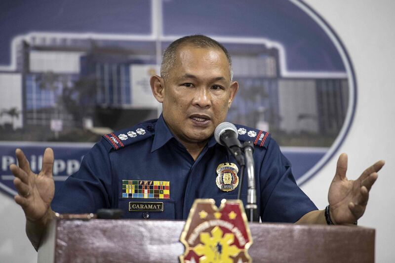 Police Senior Superintendent Romeo Caramat gestures during a press conference at the Philippine National Police (PNP) headquarters in Manila on August 16, 2017.
Philippine police killed 32 people in "shock and awe" raids aimed at scaring drug traffickers, authorities said on August 16, after President Rodrigo Duterte admitted to setbacks in his controversial crime war. / AFP PHOTO / Noel CELIS