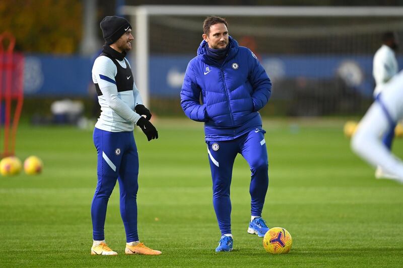 COBHAM, ENGLAND - NOVEMBER 19:  Ben Chilwell and Frank Lampard of Chelsea during a training session at Chelsea Training Ground on November 19, 2020 in Cobham, United Kingdom. (Photo by Darren Walsh/Chelsea FC via Getty Images)