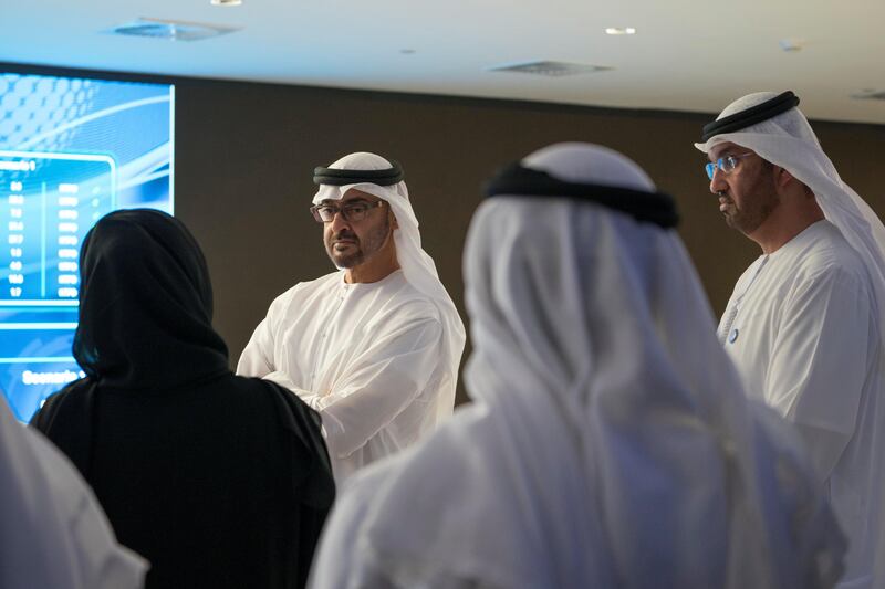 ABU DHABI, UNITED ARAB EMIRATES - November 12, 2017: HH Sheikh Mohamed bin Zayed Al Nahyan Crown Prince of Abu Dhabi Deputy Supreme Commander of the UAE Armed Forces (2nd R) and HE Dr Sultan Ahmed Al Jaber, UAE Minister of State, Chairman of Masdar and CEO of ADNOC Group (R), attend the inauguration of the 'Panorama' Artificial Intelligence and Big Data Centre at ADNOC HQ.

( Mohamed Al Hammadi / Crown Prince Court - Abu Dhabi )
---