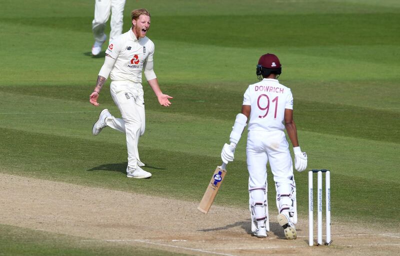 England's Ben Stokes celebrates dismissing Shane Dowrich of the West Indies. Getty