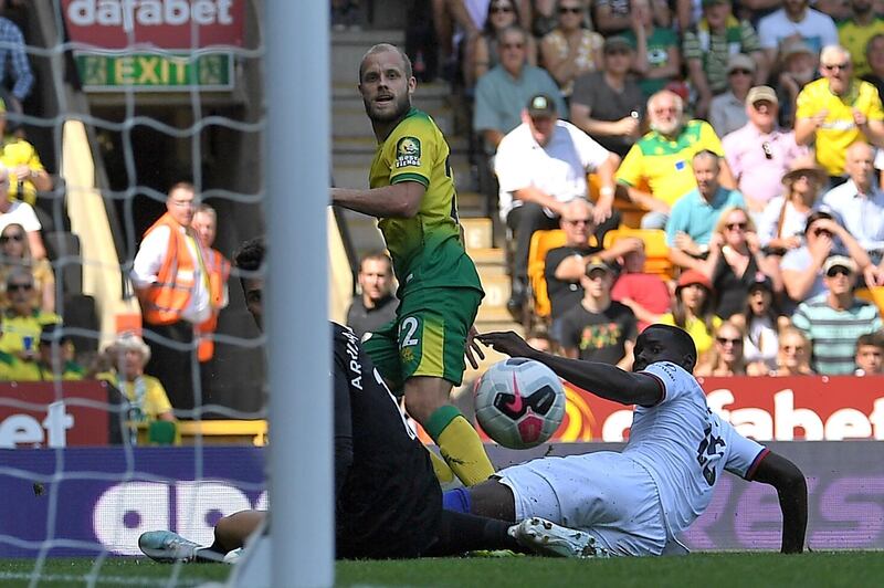 Pukki watches his shot beat Chelsea's goalkeeper Kepa Arrizabalaga for their second goal. AFP