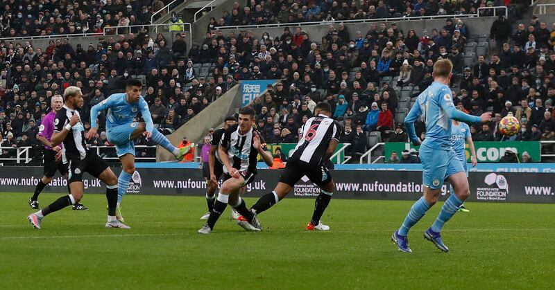 City's Joao Cancelo blasts home their second goal. Reuters