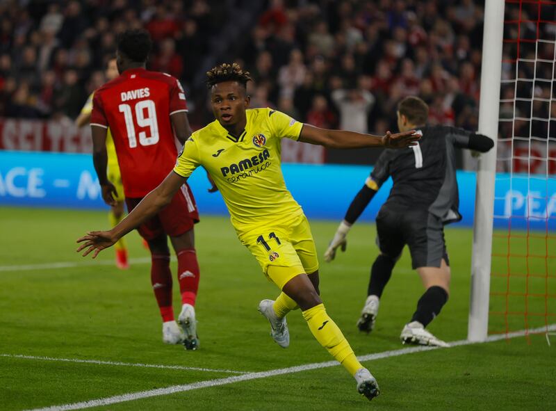 Villarreal's Samuel Chukwueze celebrates scoring against Bayern Munich in the Champions League quarter-final, putting his side 2-1 ahead on aggregate. EPA