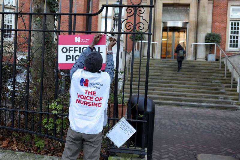 A picket line is set up outside the Royal Marsden Hospital in London. Reuters