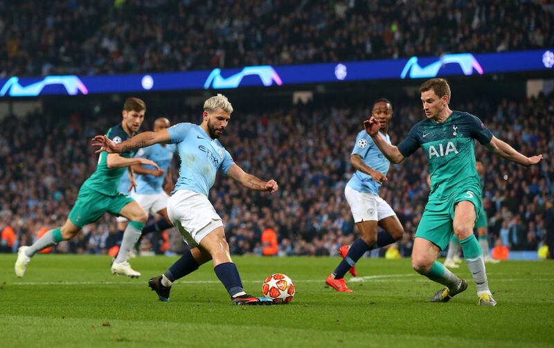 MANCHESTER, ENGLAND - APRIL 17:  Sergio Aguero of Manchester City passes the ball through to Raheem Sterling for him to score a goal only for it to be disallowed by VAR during the UEFA Champions League Quarter Final second leg match between Manchester City and Tottenham Hotspur at at Etihad Stadium on April 17, 2019 in Manchester, England. (Photo by Alex Livesey - Danehouse/Getty Images)