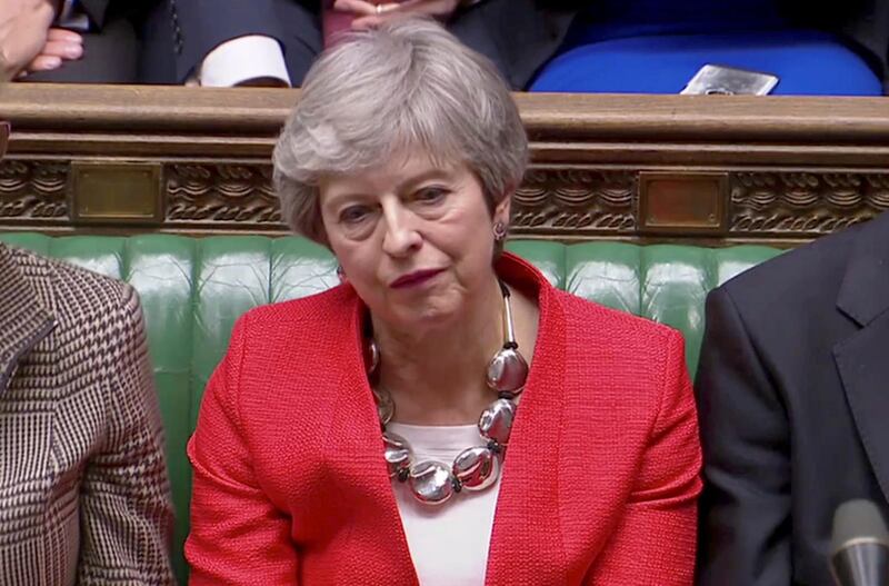FILE PHOTO: British Prime Minister Theresa May reacts after tellers announced the results of the vote Brexit deal in Parliament in London, Britain, March 12, 2019, in this screen grab taken from video. Reuters TV via REUTERS/File Photo