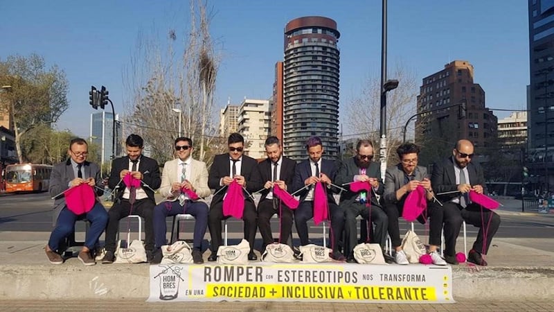 The hombres tejedores group from Chile gather to knit in public every month