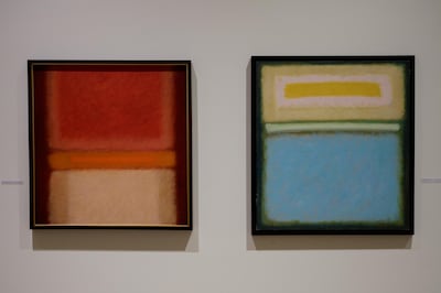 Works by Helen Khal, an untitled 1979 piece and ‘Hommage to Rothko', 1972. Courtesy of Ashkal Alwan