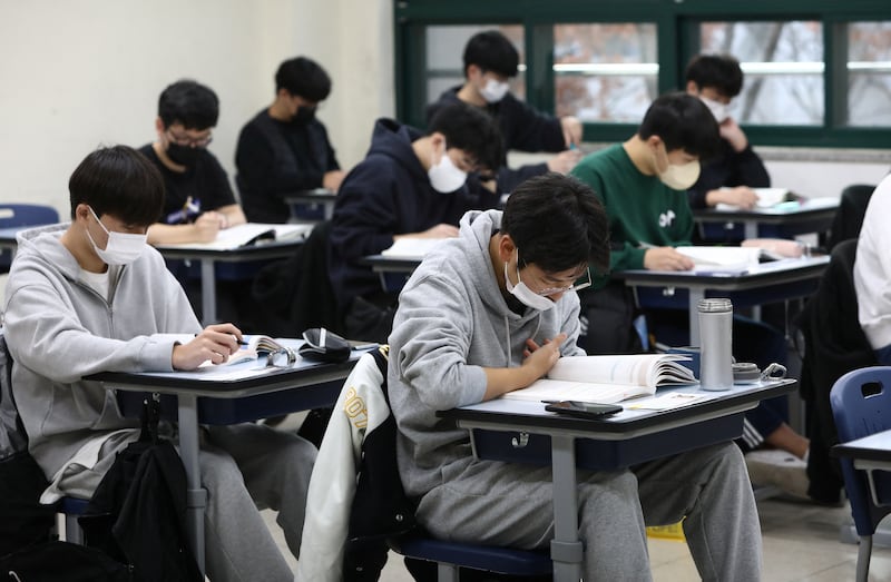 South Korean students take the Suneung university entrance exam at a school in Seoul. Reuters