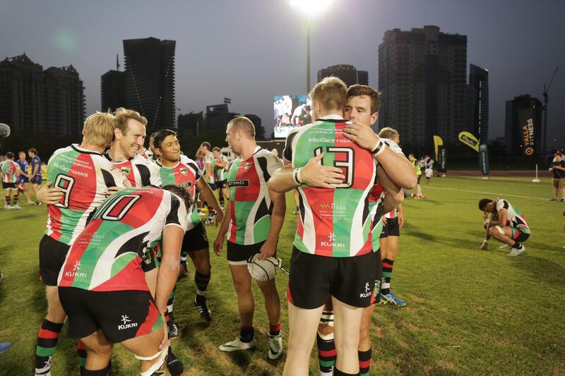 Dubai,UAE, April 7, 2017,  Abu Dhabi Harlequins (red and green) VS. Jebel Ali Dragons (Blue) Premiership final.
Victor Besa for The National
ID: 38294
Reporter:  Paul Radley
Sports *** Local Caption ***  VB_040717_sp-rugby-22.jpg