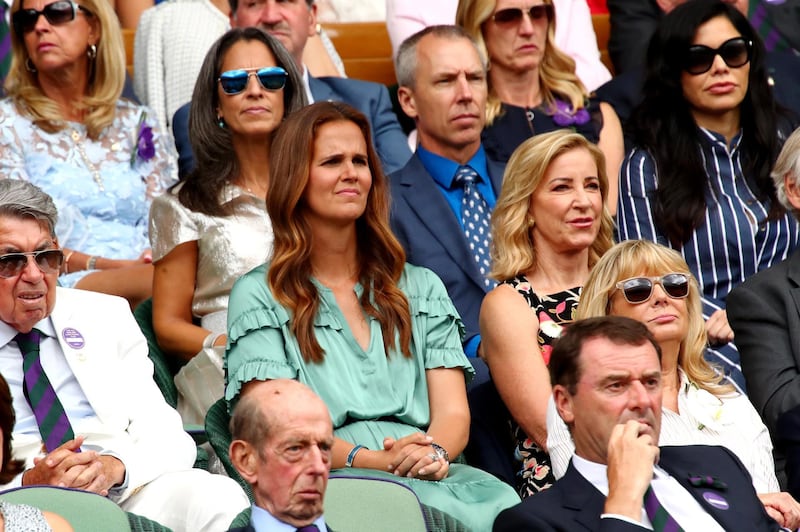 Former tennis players Manolo Santana, Mary Joe Fernandez and Chris Evert attend the Royal Box as they watch the Men's Singles final between Roger Federer of Switzerland and Novak Djokovic of Serbia. Getty