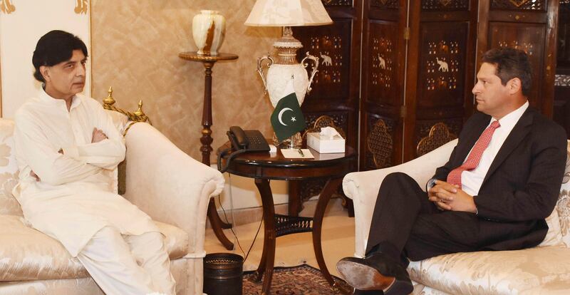 Pakistani Interior Minister Chaudhry Nisar Ali Khan, left, meets Vice President of Facebook Joel Kaplan in Islamabad