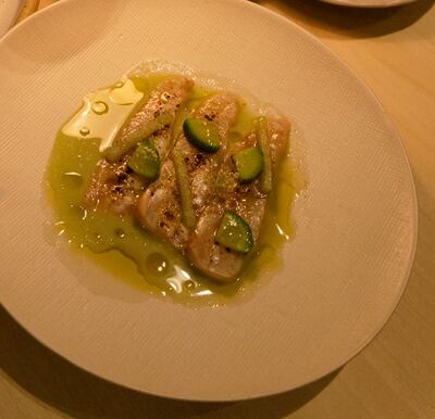 Red snapper with grilled cucumber in home-made lemon verbena oil at Teible. Photo: Larayb Abrar