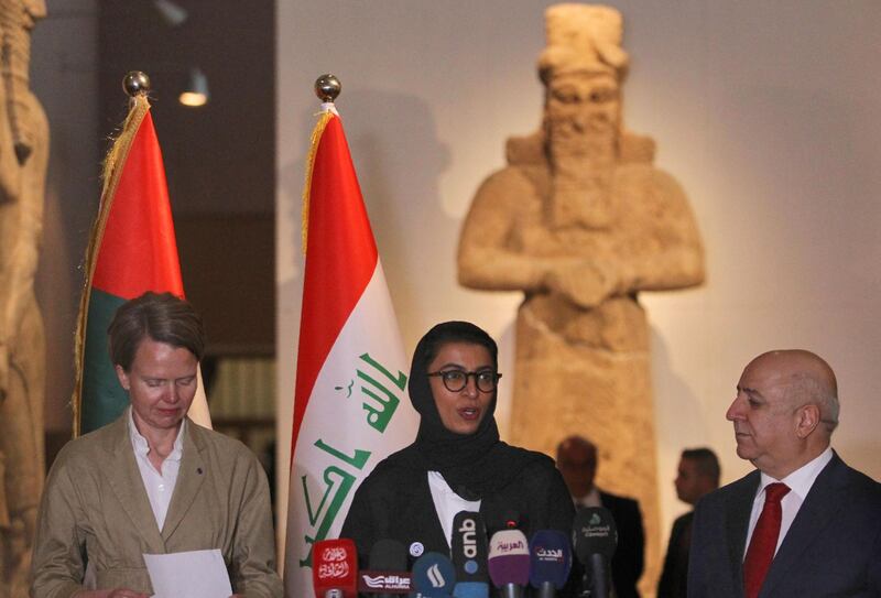 UNESCO representative in Iraq Louise Haxthausen (L), UAE Minister of Culture and Knowledge Development Noura al-Kaabi (L) and Iraqi Minister of Culture Firiyad Rawanduzi (R) give a joint press conference after the signing of an agreement on the reconstruction of Mosul's Al-Nuri mosque, on April 23, 2018 at the Iraqi National Museum in Baghdad. 
The United Arab Emirates and Iraq signed an agreement to develop the rehabilitation of the Al-Nuri Mosque and its Al-Hadba minaret in the former embattled Iraqi northern city of Mosul, with financial support amounting to 50.4 million dollars. The Nuri mosque and its ancient leaning minaret, were blown up in June 217 by jihadists of the Islamic State group as Iraqi forces battled to retake the city.  / AFP PHOTO / AHMAD AL-RUBAYE