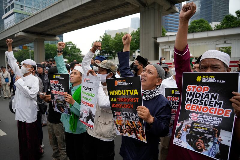 A protest on Friday outside the Indian embassy in Jakarta, Indonesia. AP