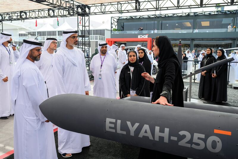 Sheikh Khaled bin Mohamed, Crown Prince of Abu Dhabi, speaks to experts at the air show