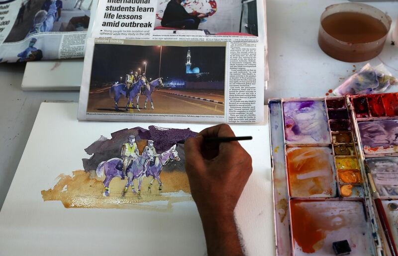 DUBAI , UNITED ARAB EMIRATES , May 14 – 2020 :- Artist Atul Panase making painting from the photo published in The National newspaper at his home studio in Deira Dubai. He is from India and based in Dubai for more than two decades. He was one of curators for World Art Dubai in 2017 and 2018. He is also the UAE Country Leader since last 5 years for the team of watercolorists for FabrianoInAcquarello and UrbinoInAcquerello international watercolor festivals which happen annually in Italy. He started the art activity  #pickanypicandpaint from the newspaper during the stay home era in the UAE because of COVID 19 pandemic. In this art activity which is trending with the hash tag #pickanypicandpaint involves more than 80 artists locally and internationally so far as the number is growing day by day. People here and also from other countries are participating and painting from the piece of newspapers. (Pawan Singh / The National) For Arts & Life/Online/Instagram.  Story by Katy Gillett