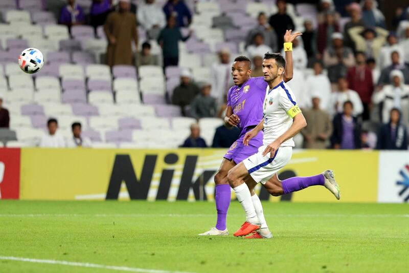 Al Ain, United Arab Emirates - Reporter: John McAuley: Kodjo has a shot on goal. Al Ain take on Bunyodkor in the play-off to game qualify for the 2020 Asian Champions League. Tuesday, January 28th, 2020. Hazza bin Zayed Stadium, Al Ain. Chris Whiteoak / The National