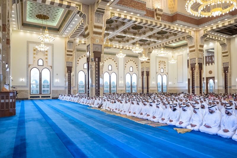 Sheikh Hamdan and Sheikh Maktoum performed the Eid prayers at the Sheikh Rashid bin Saeed Mosque in Zabeel. Photo: Sheikh Hamdan / Twitter