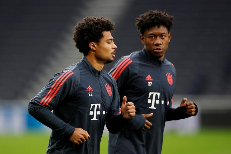 Bayern Munich's Serge Gnabry and David Alaba during training. Reuters