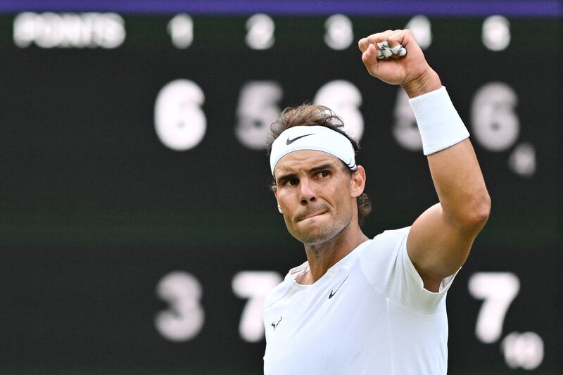 Rafael Nadal celebrates after beating Taylor Fritz in the quarter-finals of Wimbledon on Wednesday, July 6, 2022. AFP