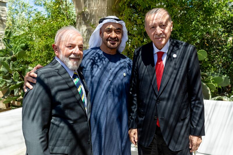 Sheikh Mohamed, Mr Erdogan and President Luiz Inacio Lula da Silva of Brazil. Photo: Ryan Carter / UAE Presidential Court  