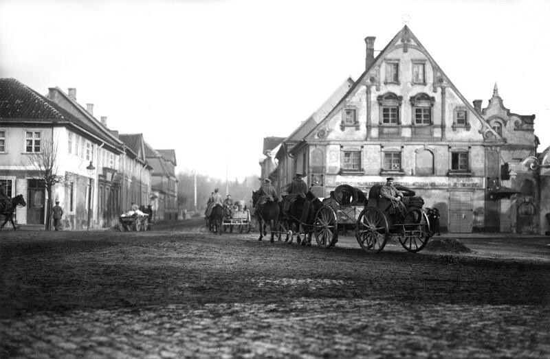 A German military convoy in Jelgava (Mitau), Latvia, in 1916. Haeckel Collection / Ullstein Bild via Getty Images


