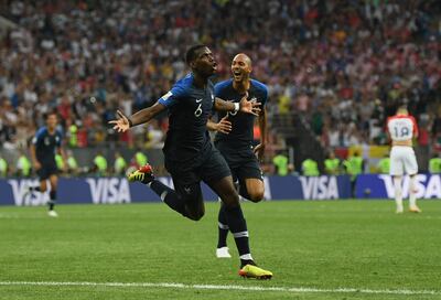 MOSCOW, RUSSIA - JULY 15:  Paul Pogba of France celebrates with after scoring during the 2018 FIFA World Cup Russia Final between France and Croatia at Luzhniki Stadium on July 15, 2018 in Moscow, Russia.  (Photo by Shaun Botterill/Getty Images)