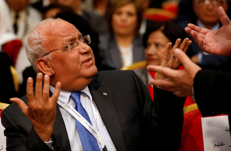 Palestinian chief negotiator Saeb Erekat gestures during the Palestinian National Council meeting in Ramallah, in the occupied West Bank on April 30, 2018. Reuters