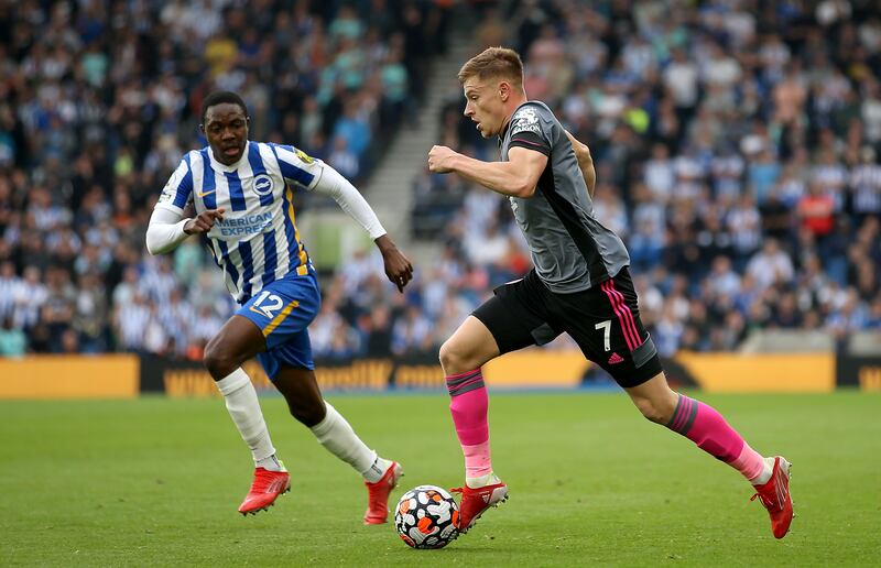 Leicester City's Harvey Barnes on the attack watched by Enock Mwepu. PA