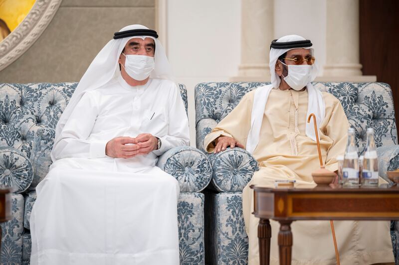 Sheikh Saud bin Rashid Al Mualla, UAE Supreme Council Member and Ruler of Umm Al Quwain offers condolences to Sheikh Tahnoon bin Mohamed, Ruler's Representative in Al Ain Region, on the death of Sheikh Khalifa. Rashed Al Mansoori / Ministry of Presidential Affairs 