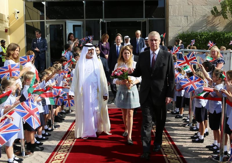 Sheikh Nahyan bin Mubarak, Minister for Culture, Youth and Community Development, along with Princess Beatrice and Prince Andrew, the Duke of York, at a ceremonial event at the British School Al Khubairat in Abu Dhabi. Courtesy British School Al Khubairat