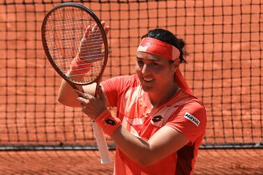 Tunisia's Ons Jabeur celebrates winning her first round match of the French Open tennis tournament against Italy's Lucia Bronzetti in two sets, 6-4, 6-1, at the Roland Garros stadium in Paris, Tuesday, May 30, 2023.  (AP Photo / Aurelien Morissard)